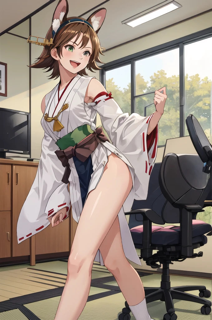 Highest quality, masterpiece, High resolution, ((Perfect hands, Perfect Legs, Perfect Anatomy)), ((一人in)), {Hiei Kai-2_Fleet Collection:1.15}, brown_hair, short_hair, hairband, headgear, Non-traditional_Shrine maiden, smile, green_eye, Inverted up_hair, Open_mouth, One girl, independent_sleeve, Japanese_Clothes, Looking_in_Audience, ribbon-trimmed_sleeve, ribbon_trim, whole body, , (indoor, office, living room),