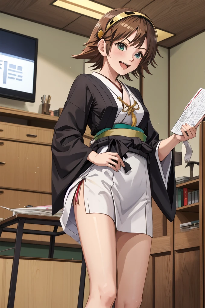 Highest quality, masterpiece, High resolution, ((Perfect hands, Perfect Legs, Perfect Anatomy)), ((一人in)), {Hiei Kai-2_Fleet Collection:1.15}, brown_hair, short_hair, hairband, headgear, Non-traditional_Shrine maiden, smile, green_eye, Inverted up_hair, Open_mouth, One girl, independent_sleeve, Japanese_Clothes, Looking_in_Audience, ribbon-trimmed_sleeve, ribbon_trim, whole body, , (indoor, office, living room),