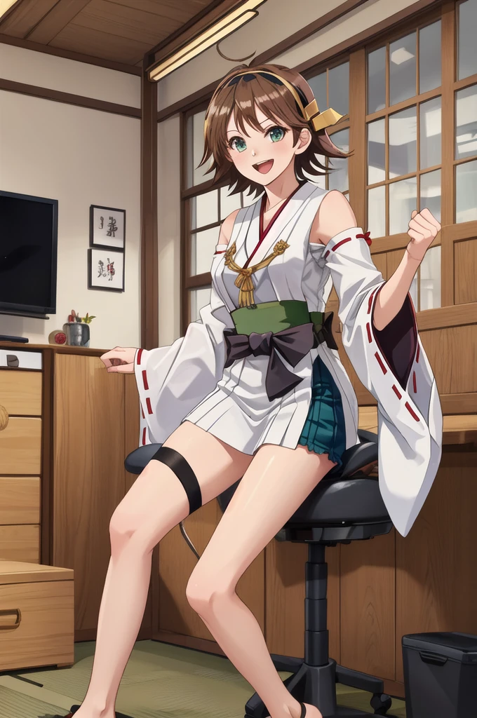 Highest quality, masterpiece, High resolution, ((Perfect hands, Perfect Legs, Perfect Anatomy)), ((一人in)), {Hiei Kai-2_Fleet Collection:1.15}, brown_hair, short_hair, hairband, headgear, Non-traditional_Shrine maiden, smile, green_eye, Inverted up_hair, Open_mouth, One girl, independent_sleeve, Japanese_Clothes, Looking_in_Audience, ribbon-trimmed_sleeve, ribbon_trim, whole body, , (indoor, office, living room),