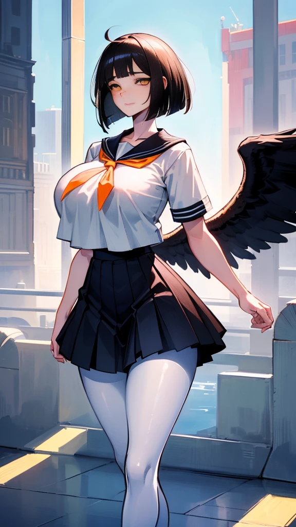 Cinematic lighting、(key light:Front diagonal 45 degrees, fill light、Backlight、shadow、blue and orange color palette), accurate human body、detailed person、Correct five-finger、RAW photo、 4K - ultra-vivid、highest quality, masterpiece, ultra high resolution, (reality: 1.4),
(((oil skin,sparkling skin、realistic skin texture、detailed beautiful skin、shiny skin、shiny skin)))、
SFW (masterpiece, Highest quality, 32k) Teenage girl with medium black hair ((Jet black hair, Jet black hair, bangs, diagonal bangs, blunt bangs, Bob, messy Bob, wavy Bob, inverted Bob)), ((Brown eyes, Yellow Eyes, Amber Eyes, Golden Eyes, Eagle Eye:1.5, Bright Eyes, Beautiful Eyes, Fine grain, finely Fine grain, highly Fine grain)) ((like々Funny face, 美Funny face, Cute face, Sexy Face)), ((青White skin, White skin, Porcelain-like skin, Smooth Skin, Soft Skin)), Are standing, walking, outside, 屋outside, city, modern city, Sidewalk, building, nullscrappers, null, cloud, Simple Background. ((Modern Fashion, academy uniform, uniform, Seraphim, sailor uniform, White shirt, Short sleeve shirt, Sailor collar, Pink Ribbon, Black mini skirt, High Waist Mini Skirt, Black Pantyhose)), ((Huge breasts:1.7, Huge breasts:1.4, Huge breasts:1.4, Round Breasts:1.3, Firm breasts:1.3)), ((slim:1.4, Supple:1.4, thin:1.4, thin:1.4, Big Breasts:1.2, Voluptuous:1.2, Supermodel body:1.2, slimなボディ:1.2, Healthy Body:1.2)), ((Round Hips, thin waist, Nasty hips, slim waist)), ((Long legs, thin legs)), A small smile ((Fuller lips)), Calm expression, content expression, Calm expression, Happy expression, Please open your eyes, Big eyes, Expressive eyes, Head to waist portrait, Film Studies, Color Oil Painting, Cinema Lighting, ((Highly detailed face)), ((Detailed painted face)), Extremely Fine grain, finely Fine grain, 美Funny face, Beautiful Eyes, Perfect lighting, Depth of written boundary, (Realistic proportions), (Excellent anatomy), ((alone:1.6)), ((One girl:1.6))(((big breasts)))