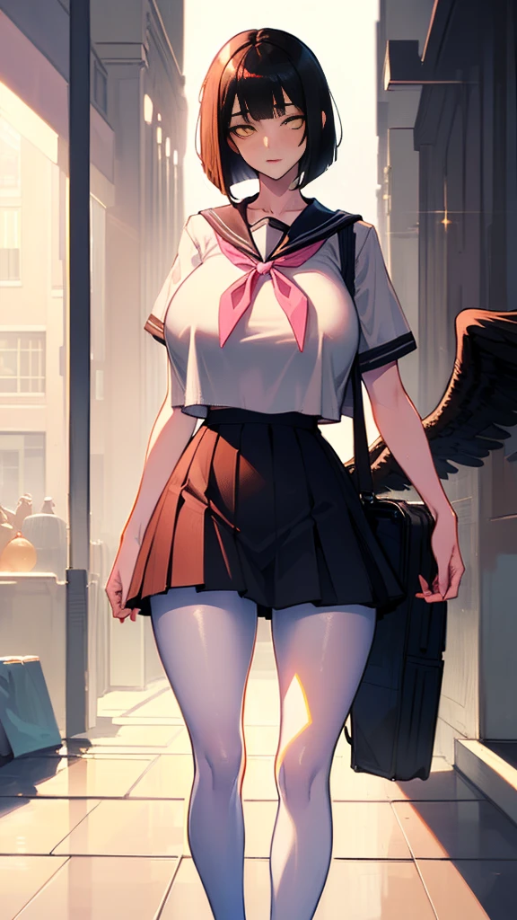 Cinematic lighting、(key light：Front diagonal 45 degrees, fill light、Backlight、shadow、blue and orange color palette), accurate human body、detailed person、Correct five-finger、RAW photo、 4K - ultra-vivid、highest quality, masterpiece, ultra high resolution, (reality: 1.4), 

(((oil skin,sparkling skin、realistic skin texture、detailed beautiful skin、shiny skin、shiny skin)))、

SFW (masterpiece, Highest quality, 32k) age girl with medium black hair ((Jet black hair, Jet black hair, bangs, diagonal bangs, blunt bangs, Bob, messy Bob, wavy Bob, inverted Bob)), ((Brown eyes, Yellow Eyes, Amber Eyes, Golden Eyes, Eagle Eye:1.5, Bright Eyes, Beautiful Eyes, Fine grain, finely Fine grain, highly Fine grain)) ((like々Funny face, 美Funny face, Cute face, Sexy Face)), ((青White skin, White skin, Porcelain-like skin, Smooth Skin, Soft Skin)), Are standing, walking, outside, 屋outside, city, modern city, Sidewalk, building, nullscrappers, null, cloud, Simple Background. ((Modern Fashion, academy uniform, uniform, Seraphim, sailor uniform, White shirt, Short sleeve shirt, Sailor collar, Pink Ribbon, Black mini skirt, High Waist Mini Skirt, Black Pantyhose)), ((Huge breasts:1.7, Huge breasts:1.4, Huge breasts:1.4, Round Breasts:1.3, Firm breasts:1.3)), ((slim:1.4, Supple:1.4, thin:1.4, thin:1.4, Big Breasts:1.2, Voluptuous:1.2, Supermodel body:1.2, slimなボディ:1.2, Healthy Body:1.2)), ((Round Hips, thin waist, Nasty hips, slim waist)), ((Long legs, thin legs)), A small smile ((Fuller lips)), Calm expression, content expression, Calm expression, Happy expression, Please open your eyes, Big eyes, Expressive eyes, Head to waist portrait, Film Studies, Color Oil Painting, Cinema Lighting, ((Highly detailed face)), ((Detailed painted face)), Extremely Fine grain, finely Fine grain, 美Funny face, Beautiful Eyes, Perfect lighting, Depth of written boundary, (Realistic proportions), (Excellent anatomy), ((alone:1.6)), ((One girl:1.6))(((big breasts)))