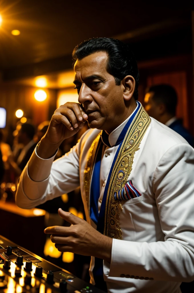 Create an image of Simón Bolívar drunk at a party with a DJ playing in front of him in which Venezuelan people can be seen around him.