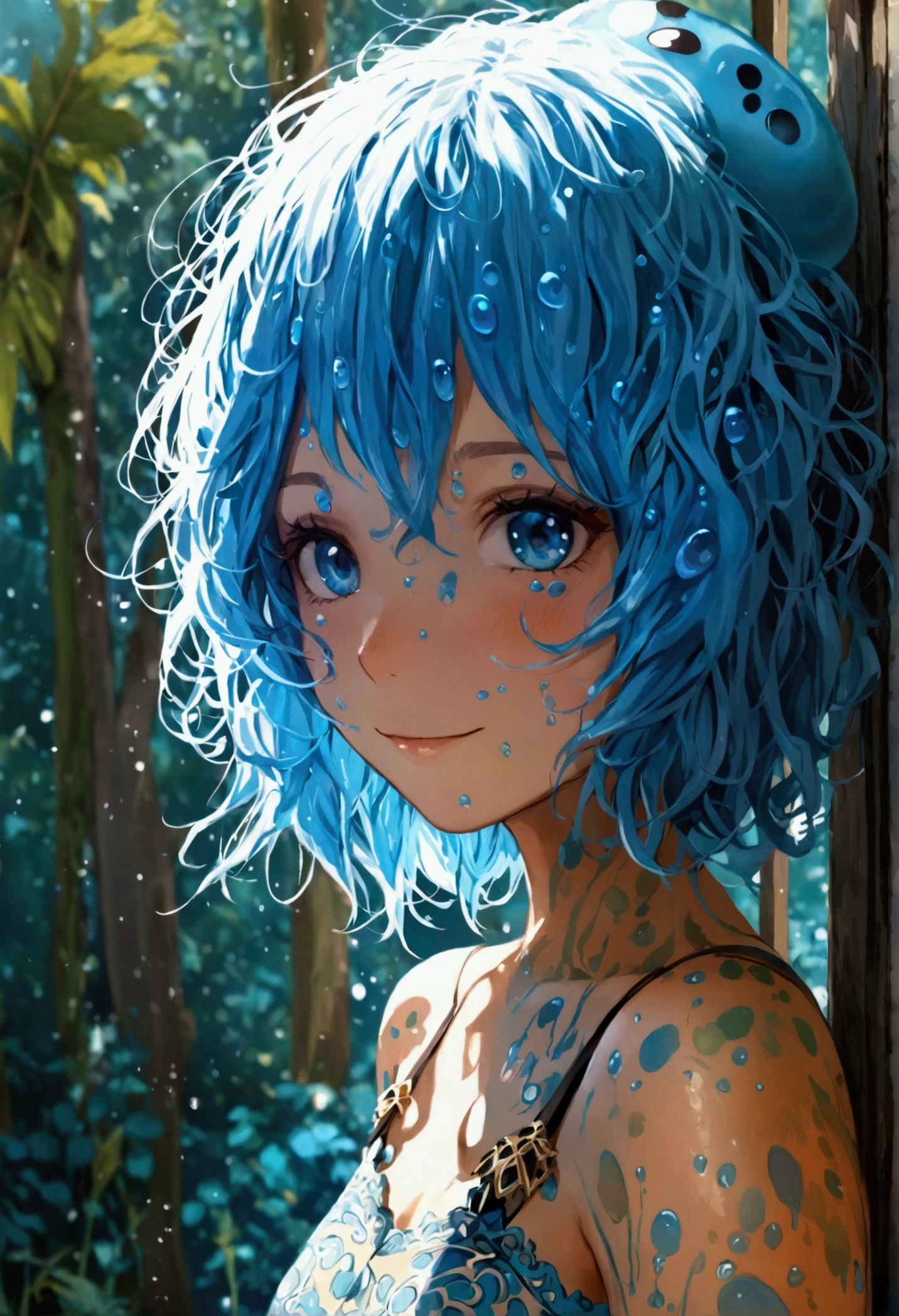 blue slime character, happy and charismatic. Rounded Eyes