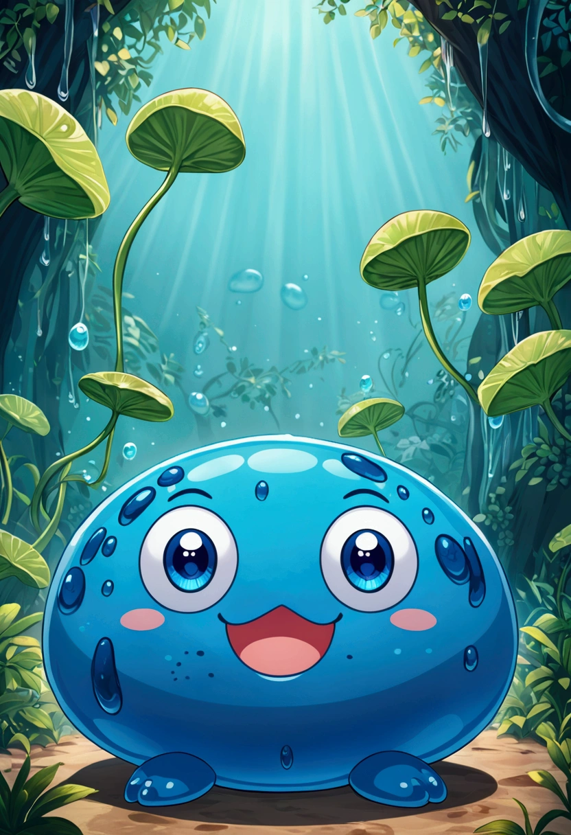 blue slime character, happy and charismatic. Rounded Eyes