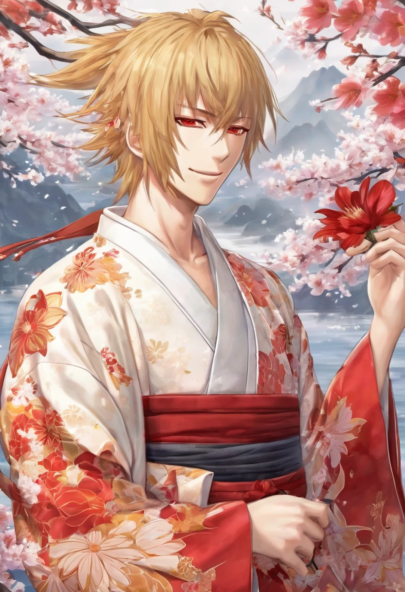 (masterpiece, Very detailed, Exquisite, beautiful, Full HD, High resolution, Absurd) Chikage Kazama、alone, male, A detailed anime-style illustration of a beautiful male character. He has golden hair and sharp red eyes, and he is wearing a white kimono with floral patterns. He is holding a red flower in his hand and smiling. The background is simple with floral designs. The overall mood should be calm and enchanting, with soft lighting to emphasize the delicate features of the character.