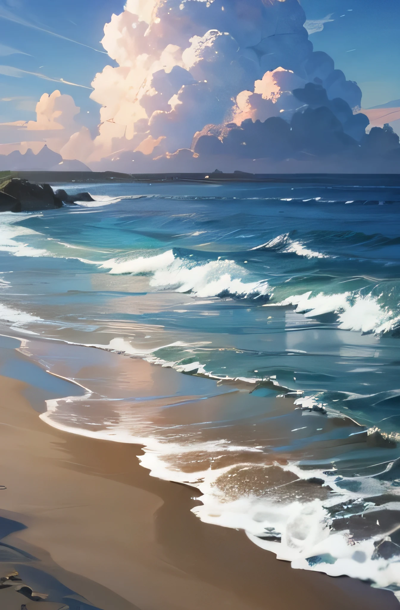 hour glass on the sand, beach, waves morning, clouds, 4k realistic, detailed, anime background