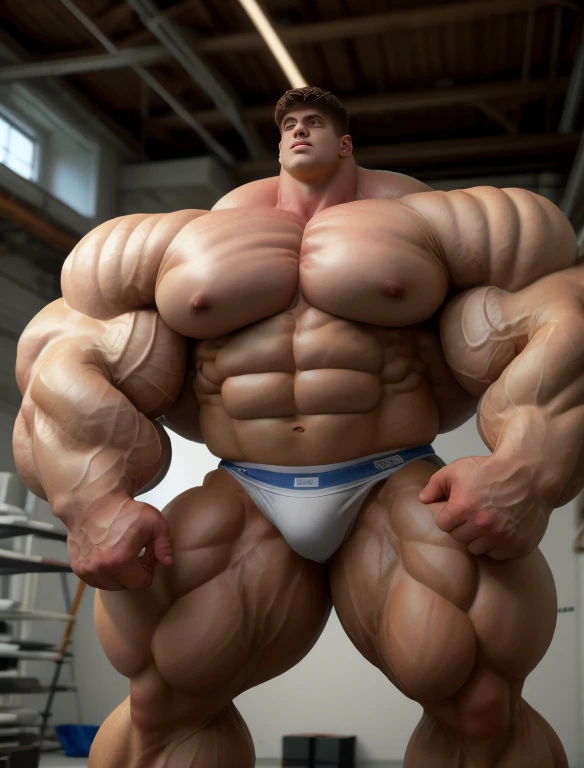 1boy, giant, alone, giant bodybuilder, illuminating light, strong body, bulk, large size, standing, in white laboratory studio, indoor, naked, nude, white triangular underwear, big thick bulge, extraordinary big, brutalmass, giant muscular body, bulk, buff, massive body, large meaty body size, extremely wide body