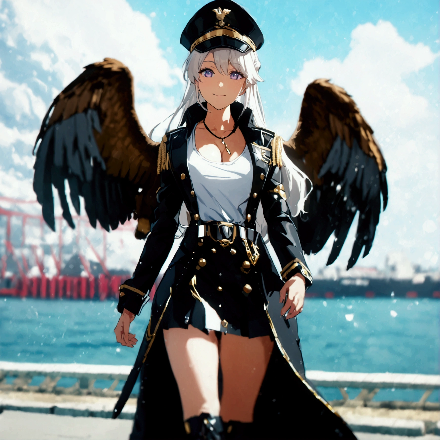 A woman wearing a long-sleeved black jacket with gold details, open jacket, white women's t-shirt, black skirt with gold details, black metal boots, wearing a white military hat with black, white and gold details, standing, with an eagle hanging from his raised arm, big breasts, purple eyes, white hair, long hair, smiling, perfect face, on a concrete platform in a naval port overlooking the sea,.UHD , prime work , accurate , anatomically correct , textured skin , super details , high quality , best quality, 8k, high resolution, bokeh effect. (woman solo), close view.
