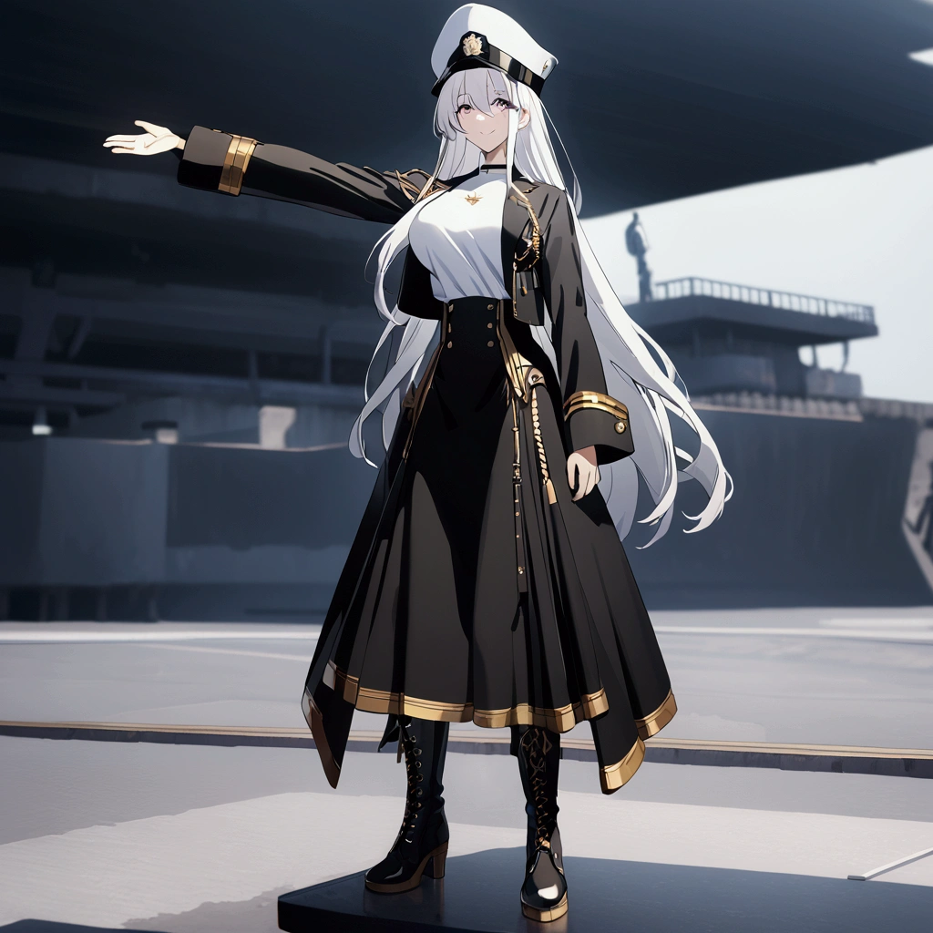 A woman wearing a long-sleeved black jacket with gold details, open jacket, white women's t-shirt, black skirt with gold details, black metal boots, wearing a white military hat with black, white and gold details, standing, with an eagle hanging from his raised arm, big breasts, purple eyes, white hair, long hair, smiling, perfect face, on a concrete platform in a naval port overlooking the sea,.UHD , prime work , accurate , anatomically correct , textured skin , super details , high quality , best quality, 8k, high resolution, bokeh effect. (woman solo), close view.
