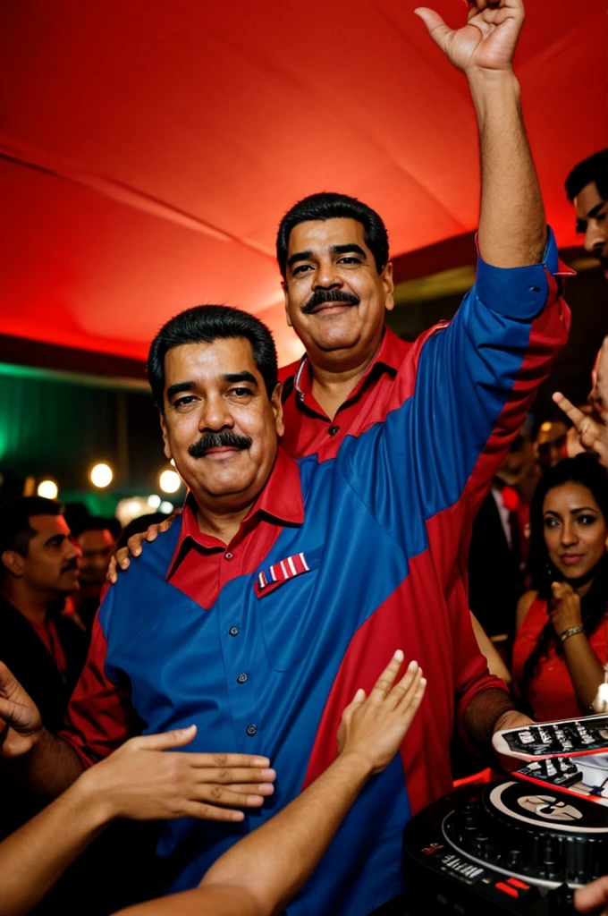 Create an image of President Maduro at a drunk party with the DJ hugging with his hand up 