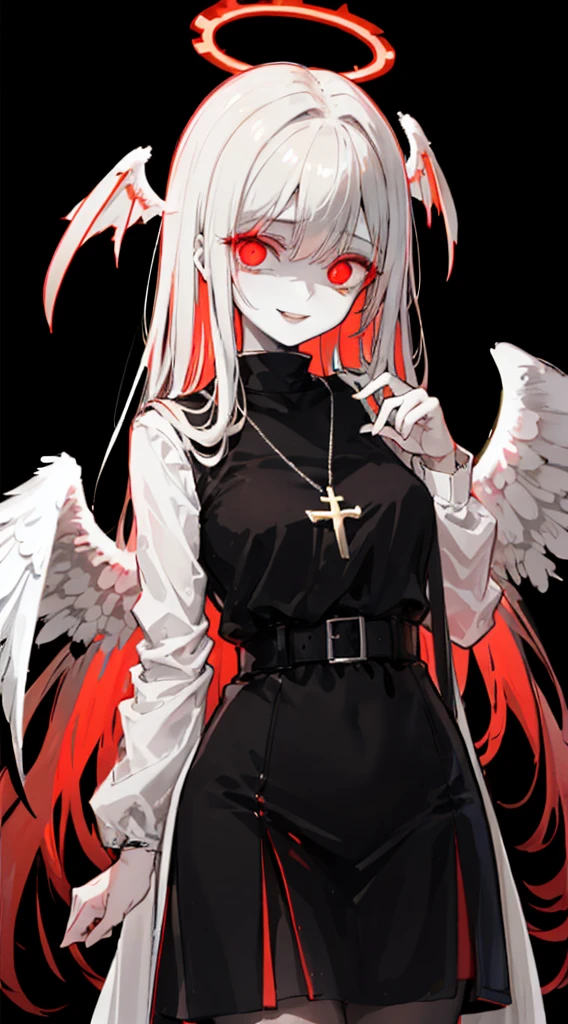 One girl, (scared), Angel, gorgeous, red halo, dark, Glowing Eyes, Red eyes, Angel wings, glowing pendant, holy, Sensual, Black tunic, have confidence, smile, Expressive eyes, Coloful Eyes, dark background, Abstract background, Contrast, Shadow, masterpiece, Digital Art, Glowing Eyes, Intimidating, Damaged