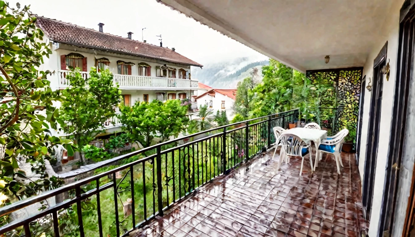 first person view, facing the house with balcony, cozy, daytime, no people in the place