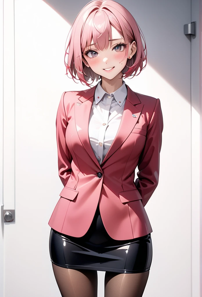 ((skirt suit)), ((cropped jacket)), ))Pencil skirt)), (black pantyhose), skindentation, skinny, solo, 1 woman, Masterpiece, highest quality, highest quality, 16K, incredibly absurd, highly detailed, 2.5D, ai-generated, delicate and dynamic, very delicate facial expressions, delicate eye depiction, erotic, only sexy woman, ((A cute and kind face)), healthy figure, 25-year-old woman, 160cm tall, medium firm swaying bust, (short hair), (pink hair:1.5), bob cut, black eye, blush, Sweat,Embarrassed,sexy, ((thin thighs)), (camel toe:0.8), (Erect nipples:0.7), ((shiny and lustrous)), facing straight at viewer, smile, (standing), cowboy shot, (arms behind back),