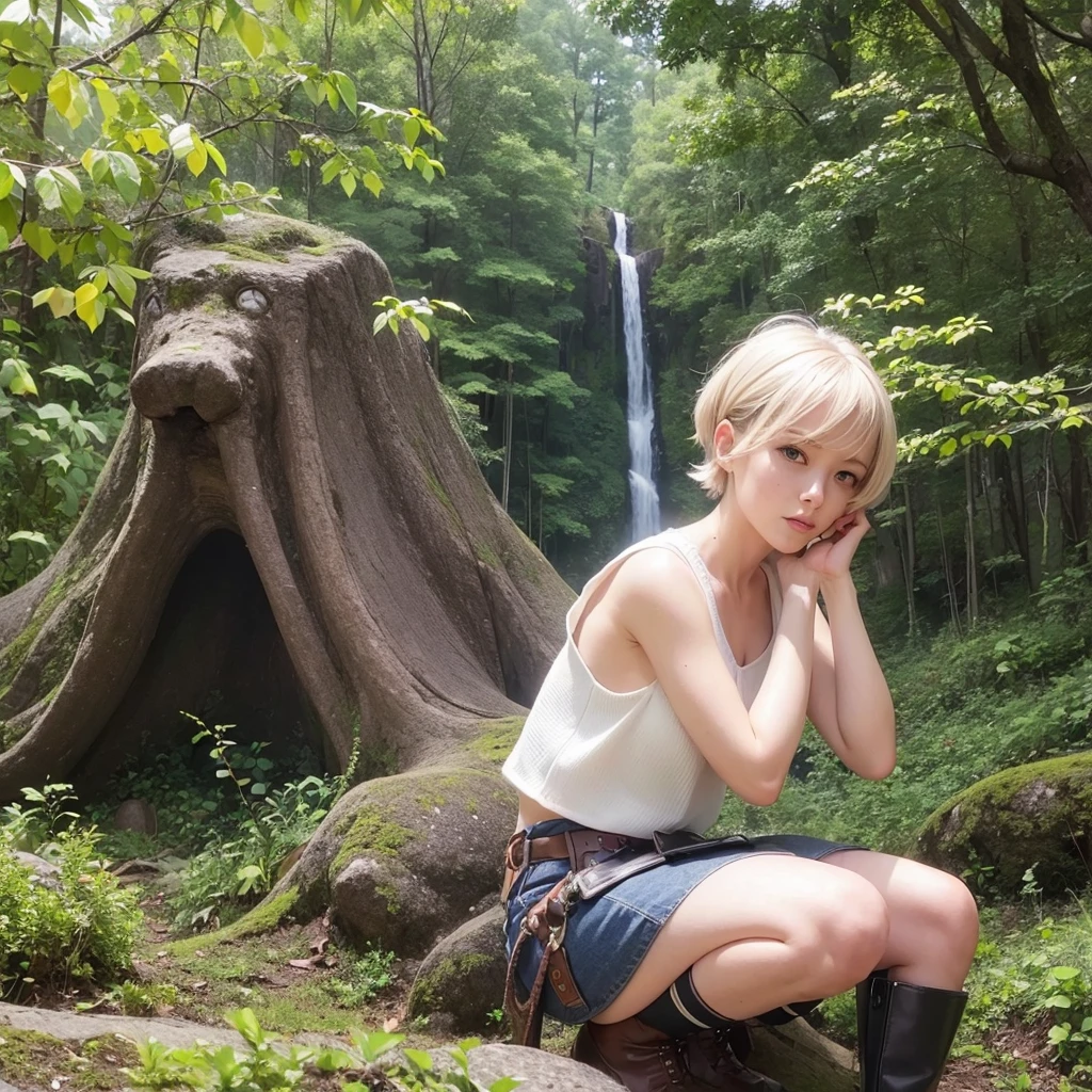 ((((masterpiece)))), expensive quality, very_expensive_solve, big_file size, full color, Steampunk featuring a future planet,, in a remote forest, A bustling alien market,. The main character is a girl with short blonde hair, a bob silver smile, and a stunning upper body., wear a white vest, denim skirt, Engineer boot, beauty,squatting down,between legs、spread legs、white panties