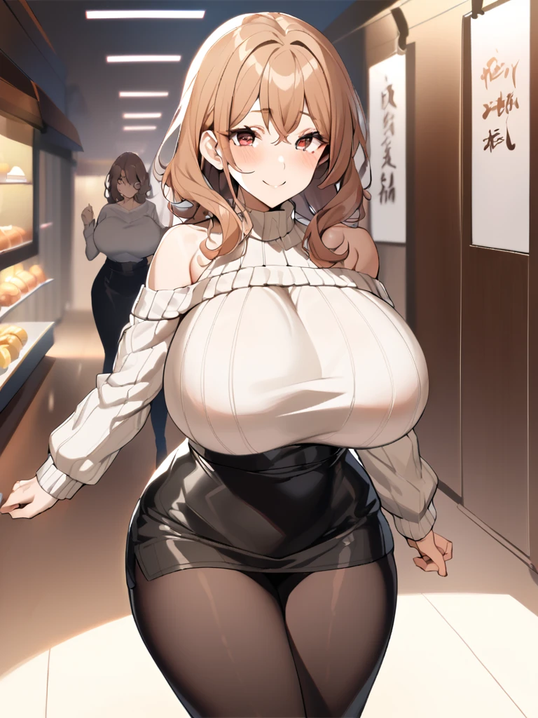 1 adult female、35-year-old woman、Huge breasts:1.5、sagging breast:1.5、Brown Hair、Light red eyes、Wavy Hair、Bobcut、milf、off-shoulder sweater、potbelly、Worried brow、smile、mole under eye、Gorgeous Mom、Black tight skirt、Walk gracefully