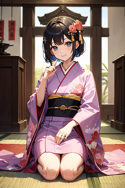 Highest quality、whole body、Black Hair、Iris、short hair、girl、cute、16 years old、、Small hair ornament、1 person、kimono、shrine、first visit of the year to a shrine、Drawing a fortune、Happy expression、Ring on left ring finger