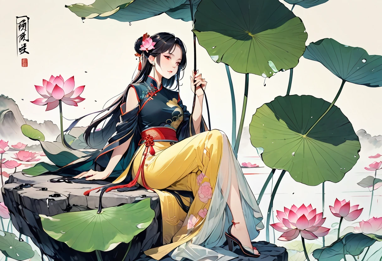  Ancient Chinese beauty sitting on a stone, Wearing Chinese clothing, Flowing tulle, Light Silk, Lazy posture, large lotus leaf, lotus, Colored pencil sketch, Ink Painting , Illustration style, Clean colors, Decisive felling, Blank, Hand Painted, masterpiece, Very detailed, Epic Composition, high quality, Highest quality, Ultra HD, 8k --v 6, 