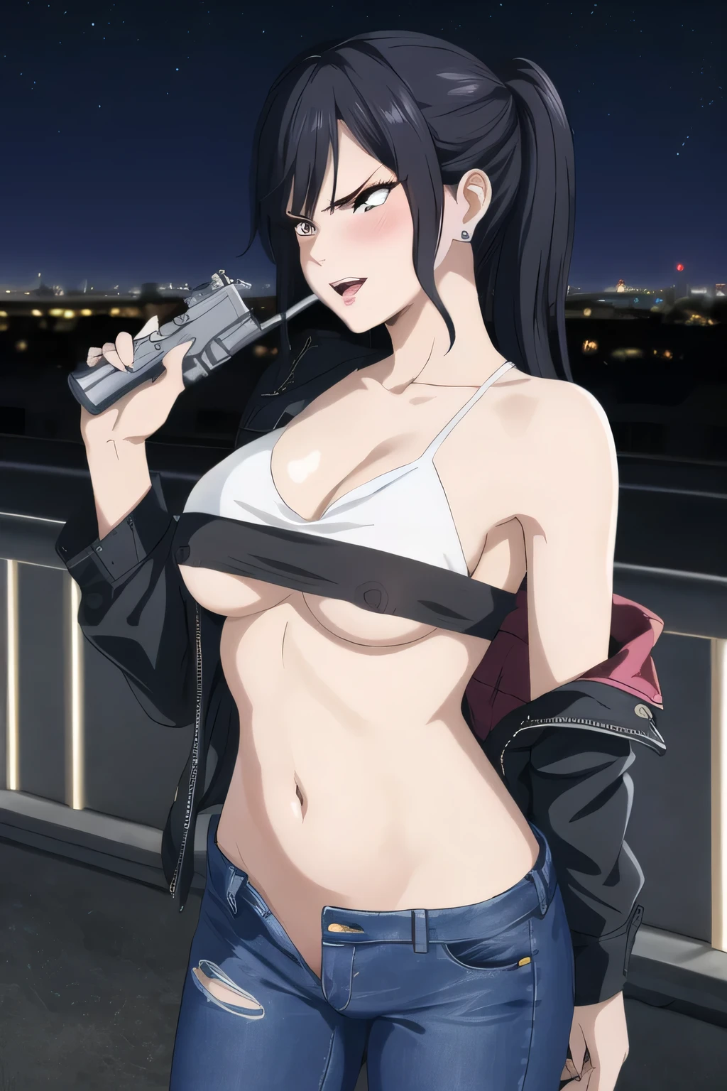 nagisa, long hair, blush, lipstick, jewelry, earrings, big breast, tattoo, Hot girl, baddie, staring, glaring, bad attitude, mean girl, dare, angry, hate, crazy, smoking, sensual, attractive , blush, lipstick, outdoors, rooftop, cityscape, building, railing, night, night sky, scenery, , city lights, jacket, masterpiece,high quality,4k, bare shoulder,belly,crop top,outdoor,cleavage,jeans,casual
dress,street,road,smile, open mouth, (nsfw) not safe for work, holding a gun,handgun, evil expression,
exposed belly, exposed navel, exposed midriff, exposed lower belly, crop top overhang, underboob,
unbuttoned jeans , low rise black jeans, Low rise jeans, Low rise jeans with open fly, 