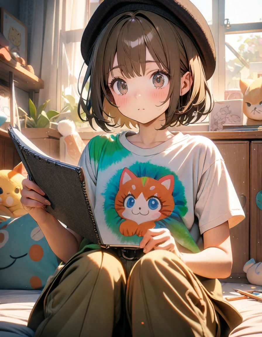 (8K, best quality, master piece: 1.2),super high resolution,1 girl,,solo,ultra-detailed face,deep detailed eyes,Shiny Brown hair,short hair,Beret,tye dye tee,khaki gaucho pants,The girl is drawing on her shoulder in a sketchbook. The sketchbook has illustrations of three cats in different positions, along with the date,rim light,,Sitting,messy children's room