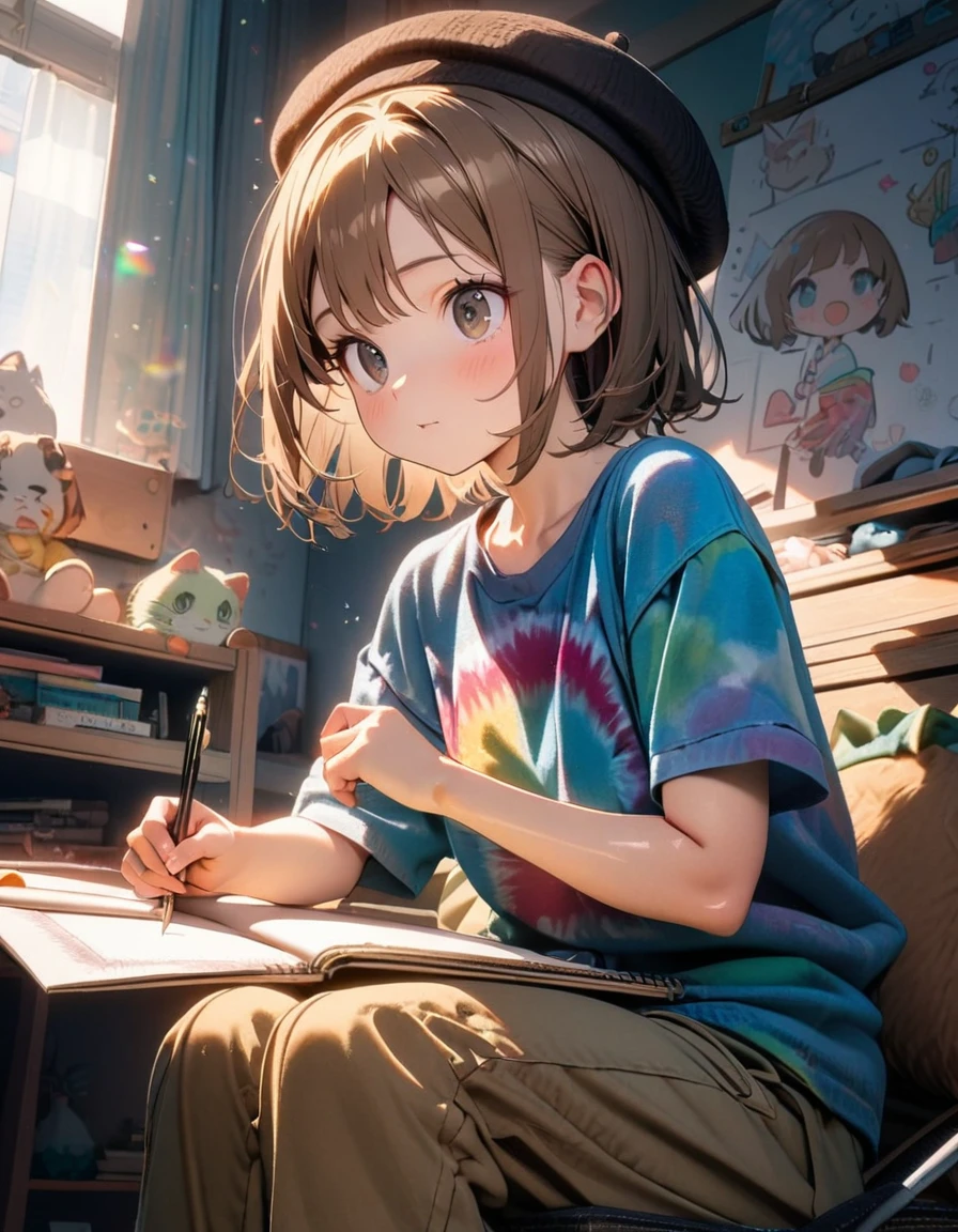 (8K, best quality, master piece: 1.2),super high resolution,1 girl,16yo,solo,ultra-detailed face,deep detailed eyes,Shiny Brown hair,short hair,Beret,tye dye tee,khaki gaucho pants,The girl is drawing on her shoulder in a sketchbook. The sketchbook has illustrations of three cats in different positions, along with the date,rim light,,Sitting,messy children's room