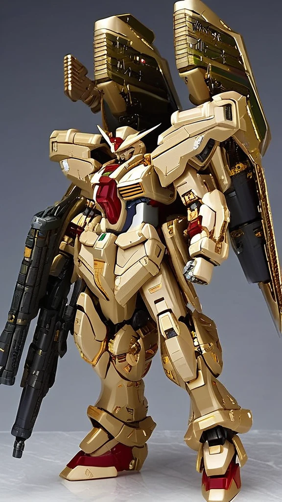 mecha robot, mecha armor, full armor, (grey gold color scheme:1.2),glowing blue eyes, city, (full body:1.2),clenched hand, (gundam:1), mechanical parts, robot joints,(huge shield:1.2),best quality, masterpiece, highly detailed, ultra-detailed,(battle-ready:1.2),(powerful stance:1.3),(Detailed eye description:1.2),(huge mechanical weapon:1.3),(detailed armor description:1.2),(detailed shield description:1.2),(detailed weapon description:1.2),(huge mechanical gun:1.2),(holding gun and weapon :1.3)