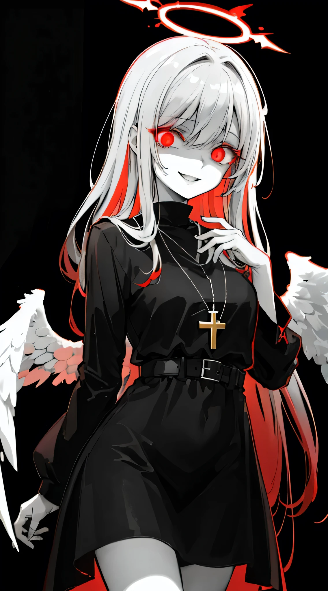 One girl, (scared), Angel, gorgeous, red halo, dark, Glowing Eyes, Red eyes, Angel wings, glowing pendant, holy, Sensual, Black tunic, have confidence, smile, Expressive eyes, Coloful Eyes, dark background, Abstract background, Contrast, Shadow, masterpiece, Digital Art, Glowing Eyes, Intimidating, Damaged
