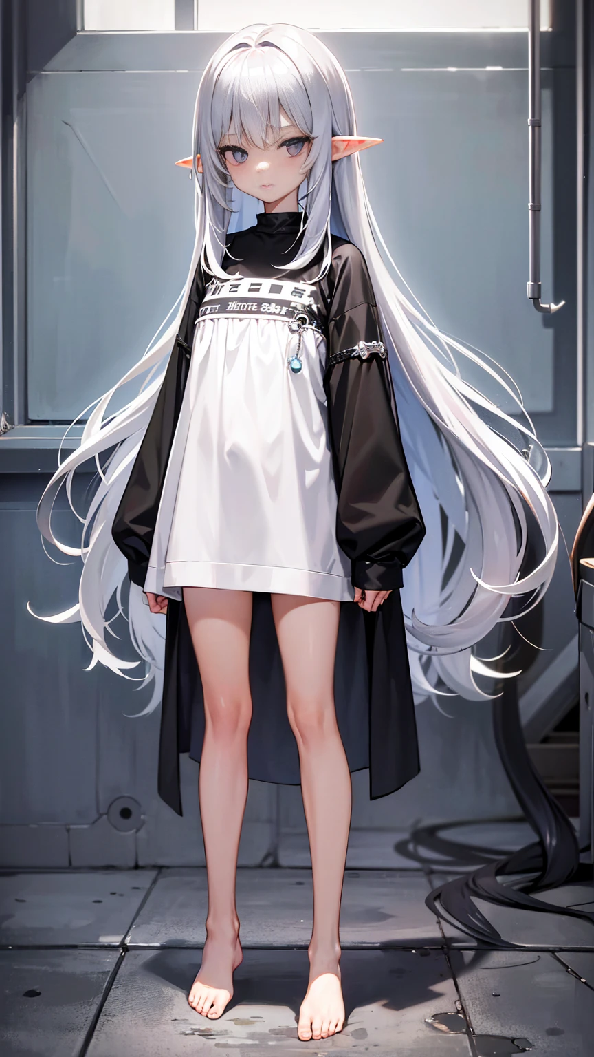 Elf Girl、8-year-old、Medium-long silver hair、Silver Eyes、Only a big black short-sleeved T-shirt、No bottoms worn、barefoot、Seductive expression、whole body、Standing posture
