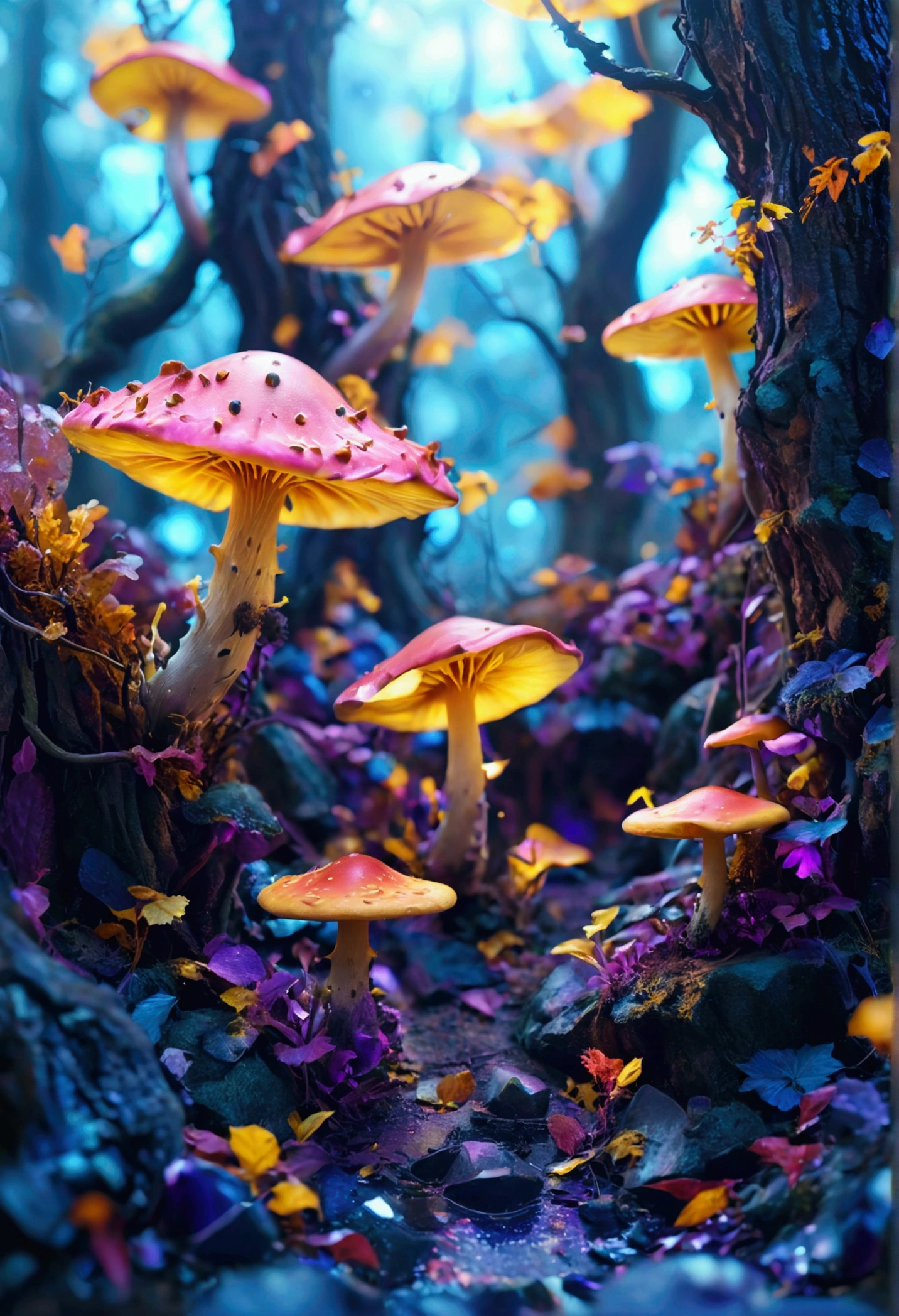 3d photo realistic ray racing tree. Detailed purple and yellow leaves.  Alien landscape, Blue glowing mushroom. Evolving forest isometric blocks