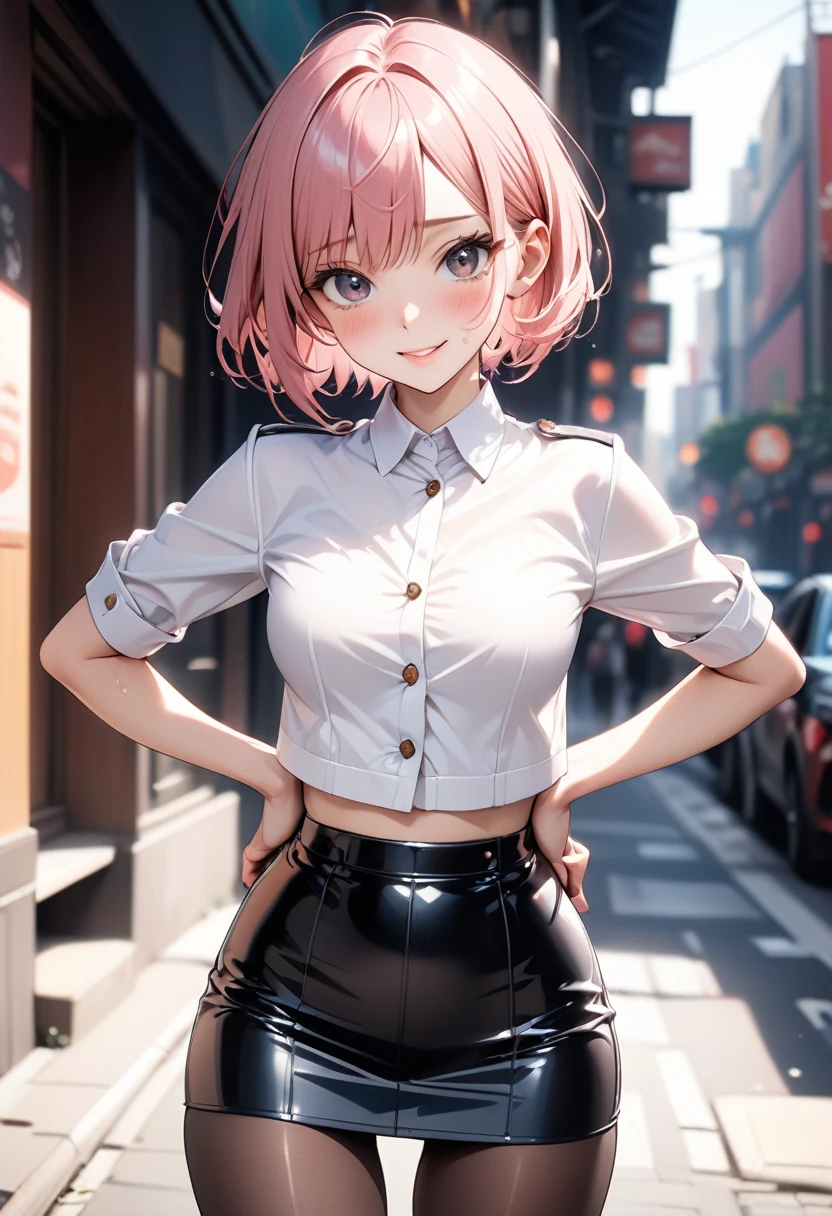 ((skirt suit)), ((cropped jacket)), ))Pencil skirt)), (black pantyhose), skindentation, skinny, solo, 1 woman, Masterpiece, highest quality, highest quality, 16K, incredibly absurd, highly detailed, 2.5D, ai-generated, delicate and dynamic, very delicate facial expressions, delicate eye depiction, erotic, only sexy woman, ((A cute and kind face)), healthy figure, 25-year-old woman, 160cm tall, medium firm swaying bust, (short hair), (pink hair:1.5), bob cut, black eye, blush, Sweat,Embarrassed,sexy, ((thin thighs)), (camel toe:0.8), (Erect nipples:0.7), ((shiny and lustrous)), facing straight at viewer, smile, (standing), cowboy shot, (arms behind back),