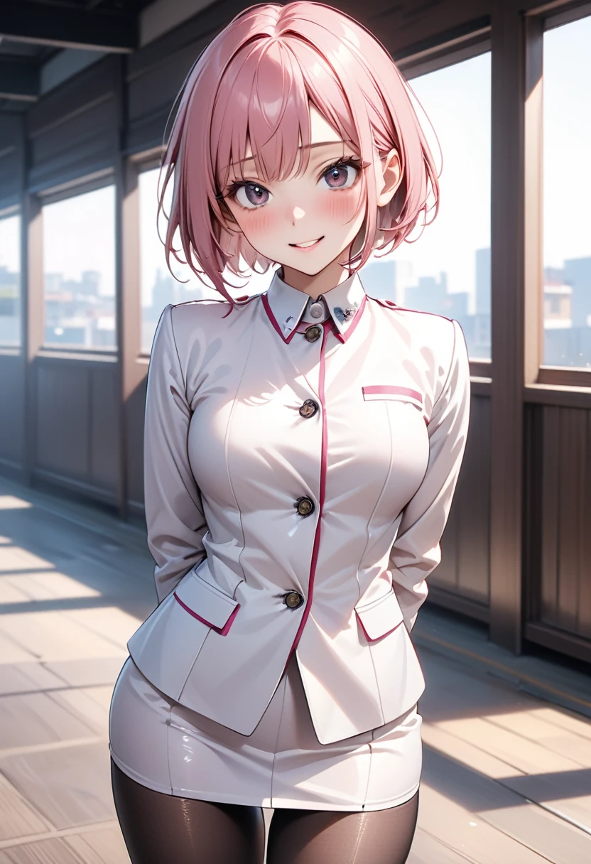 (Highest quality、Masterpiece、Very detailed、4K)、One Woman、17 years old、Pink Hair、short hair、(((Nakano Ichika)))、(Are standing)、((cleavage))、(((suit)))、smile