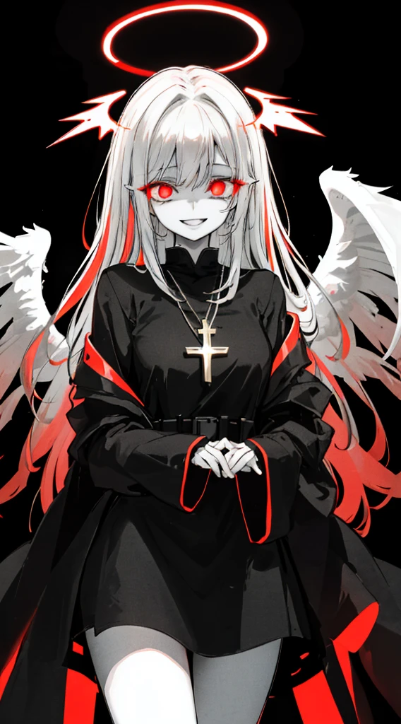 One girl, (scared), Angel, gorgeous, red halo, dark, Glowing Eyes, Red eyes, Angel wings, glowing pendant, holy, Sensual, Black tunic, have confidence, smile, Expressive eyes, Coloful Eyes, dark background, Abstract background, Contrast, Shadow, masterpiece, Digital Art, Glowing Eyes, Intimidating, Damaged