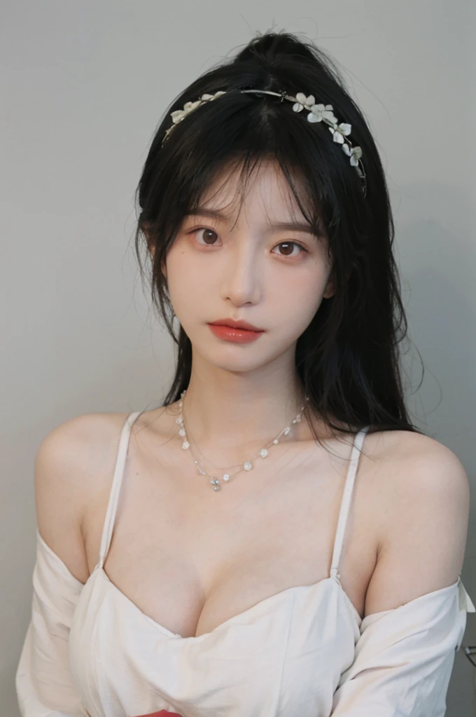 Portrait photography,1 girl,White background,Flowers,White JK,Bare shoulders,Lipstick,(Big Breasts:1.6),Shoulder-Length Wavy Hair,Wear a necklace,Headband,serene,calm,(Realistic and detailed eyes,Natural skin texture,Realistic facial details),