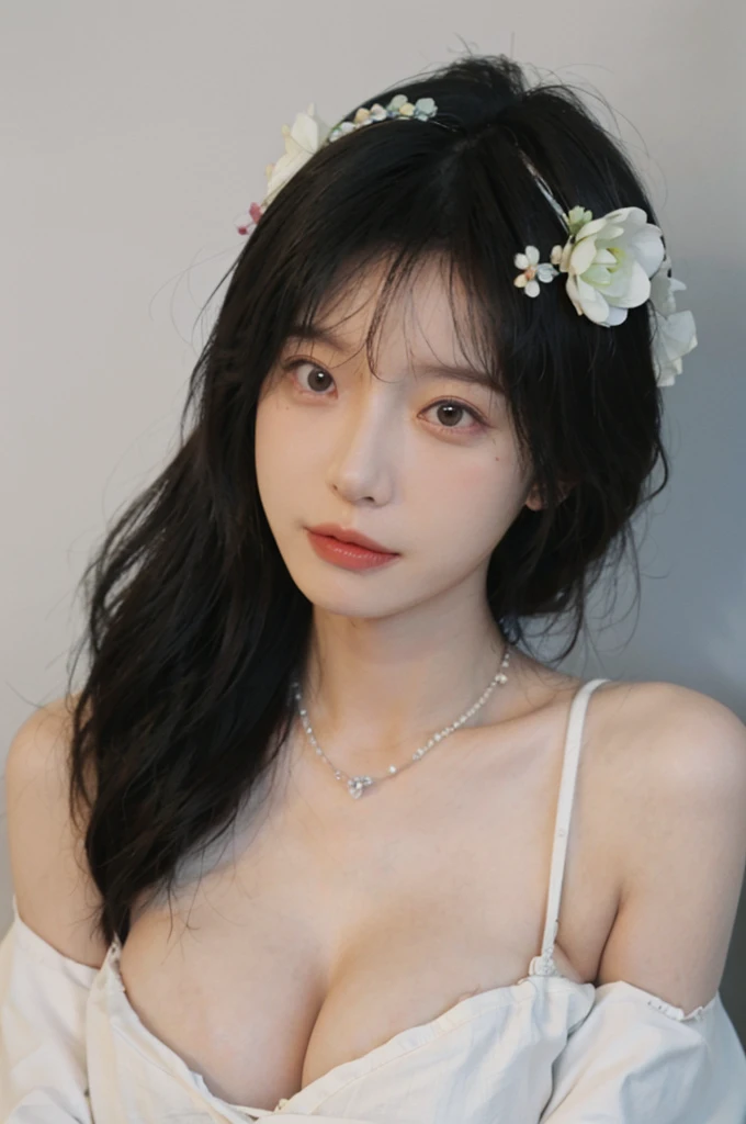 Portrait photography,1 girl,White background,Flowers,White JK,Bare shoulders,Lipstick,(Big Breasts:1.6),Shoulder-Length Wavy Hair,Wear a necklace,Headband,serene,calm,(Realistic and detailed eyes,Natural skin texture,Realistic facial details),