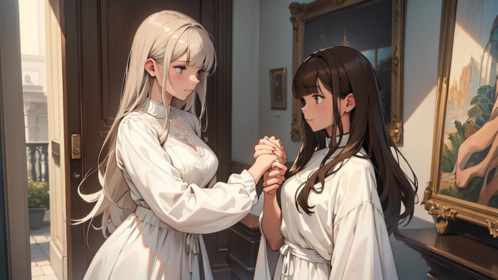 ((best quality)), ((work of art)), ((detailed)), man, white hair, casual clothes, shaking hands with a woman, brown hair with bangs, wearing a white dress with a neckline