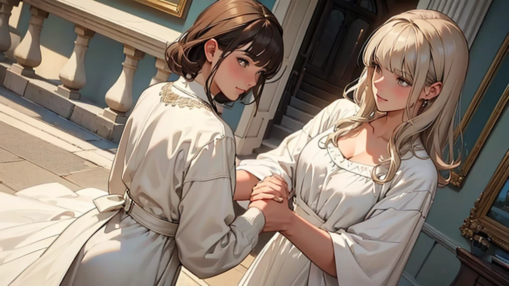 ((best quality)), ((work of art)), ((detailed)), man, white hair, casual clothes, shaking hands with a woman, brown hair with bangs, wearing a white dress with a neckline