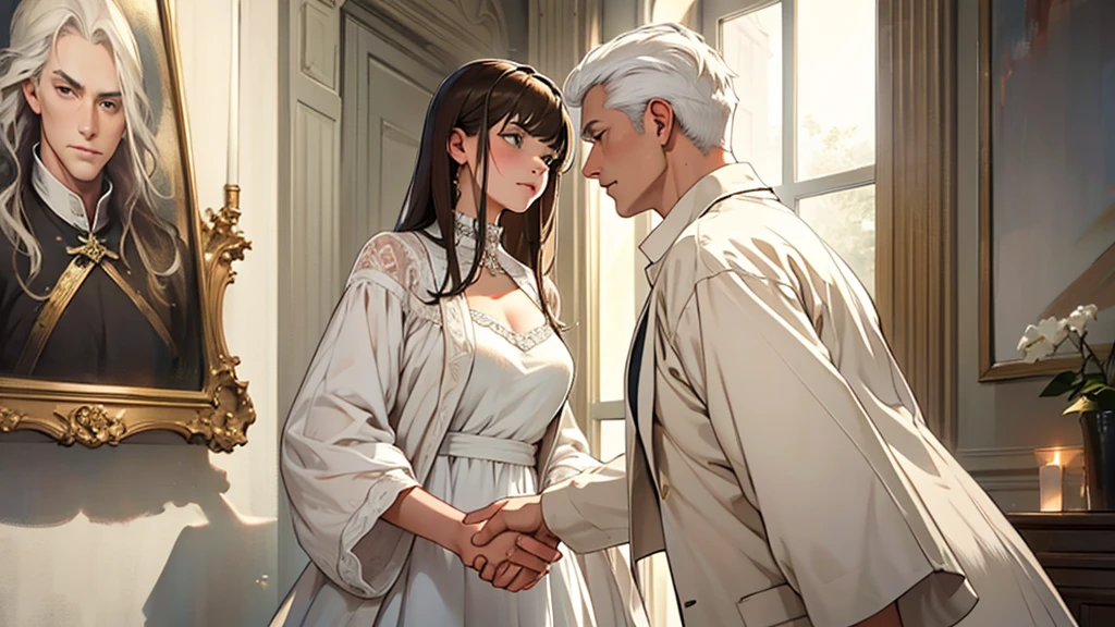 ((best quality)), ((work of art)), ((detailed)), man, white hair, casual clothes, shaking hands with a woman, brown hair with bangs, wearing a white dress with a neckline