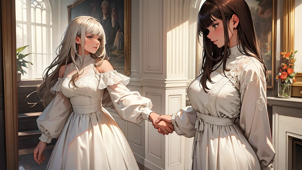 ((best quality)), ((work of art)), ((detailed)), man, white hair, casual clothes, shaking hands with a woman, brown hair with bangs, wearing a white dress with a neckline