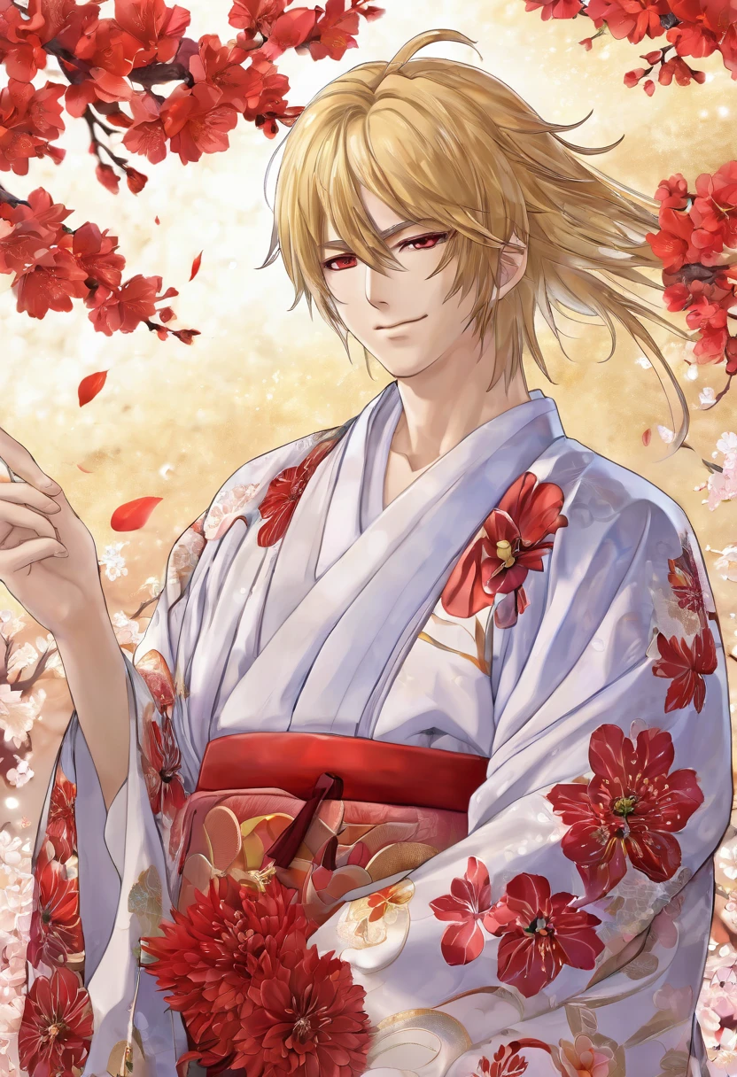(masterpiece, Very detailed, Exquisite, beautiful, Full HD, High resolution, Absurd) Chikage Kazama、alone, male, A detailed anime-style illustration of a beautiful male character. He has golden hair and sharp red eyes, and he is wearing a white kimono with floral patterns. He is holding a red flower in his hand and smiling. The background is simple with floral designs. The overall mood should be calm and enchanting, with soft lighting to emphasize the delicate features of the character.