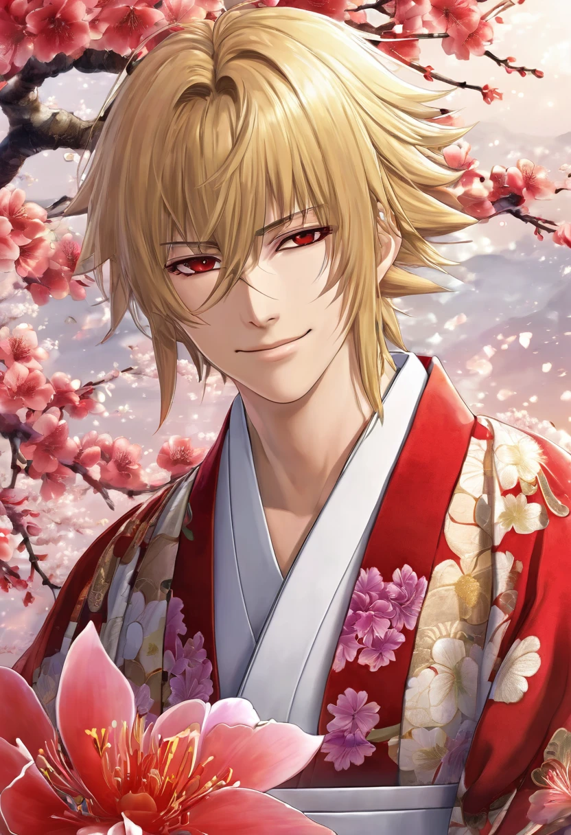 (masterpiece, Very detailed, Exquisite, beautiful, Full HD, High resolution, Absurd) Chikage Kazama、alone, male, A detailed anime-style illustration of a beautiful male character. He has golden hair and sharp red eyes, and he is wearing a white kimono with floral patterns. He is holding a red flower in his hand and smiling. The background is simple with floral designs. The overall mood should be calm and enchanting, with soft lighting to emphasize the delicate features of the character.