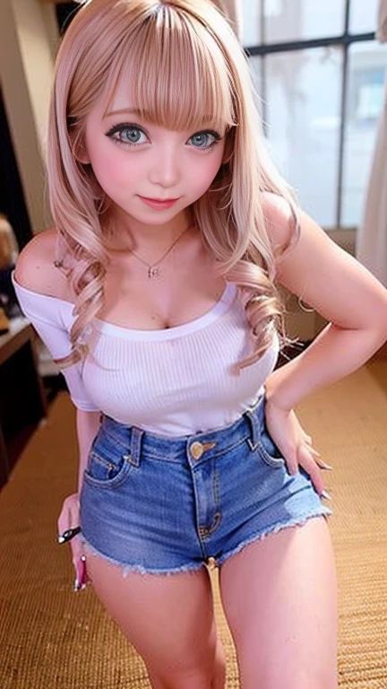 Heavy makeup,blonde,Japanese,Wearing a strapless off-the-shoulder T-shirt,Wearing a denim mini skirt,Small shorts,The meat of the buttocks sticks out,Are standing,Thick thighs,Bare feet are clearly visible,Medium breast,arched back,Rear View