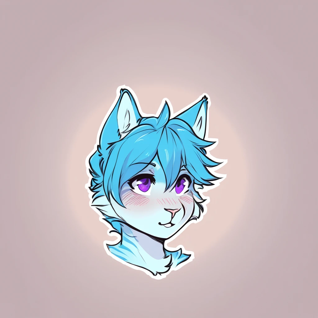adult, feline, mammal, anthro, anthropomorphic, cat, striped, fur, striped_feline, fur, furred_anthro, femboy, male, light_blue_chest, cerulean_hair, fluffy, ears, azure_blue_ears, purple_eyes, cerulean_hair, expressive eyes, feline_ears, azure_blue_fur, light_blue_chest, shy, small_pupils, digital_art, high_resolution, high_res, hand-drawn, pencil_lines, head_visible, neck_visible, seductive_face, white_outline, detailed_line_work, profile_picture, head_visible, tail (with varying shades of blue