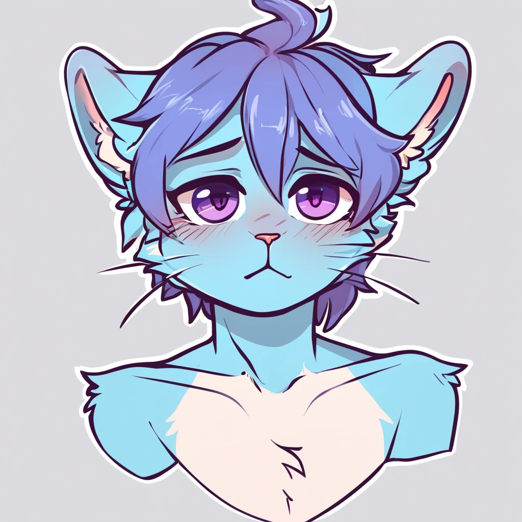 adult, feline, mammal, anthro, anthropomorphic, cat, striped, fur, striped_feline, fur, furred_anthro, femboy, male, light_blue_chest, cerulean_hair, fluffy, ears, azure_blue_ears, purple_eyes, cerulean_hair, expressive eyes, feline_ears, azure_blue_fur, light_blue_chest, shy, small_pupils, digital_art, high_resolution, high_res, hand-drawn, pencil_lines, head_visible, neck_visible, seductive_face, white_outline, detailed_line_work, profile_picture, head_visible, tail (with varying shades of blue