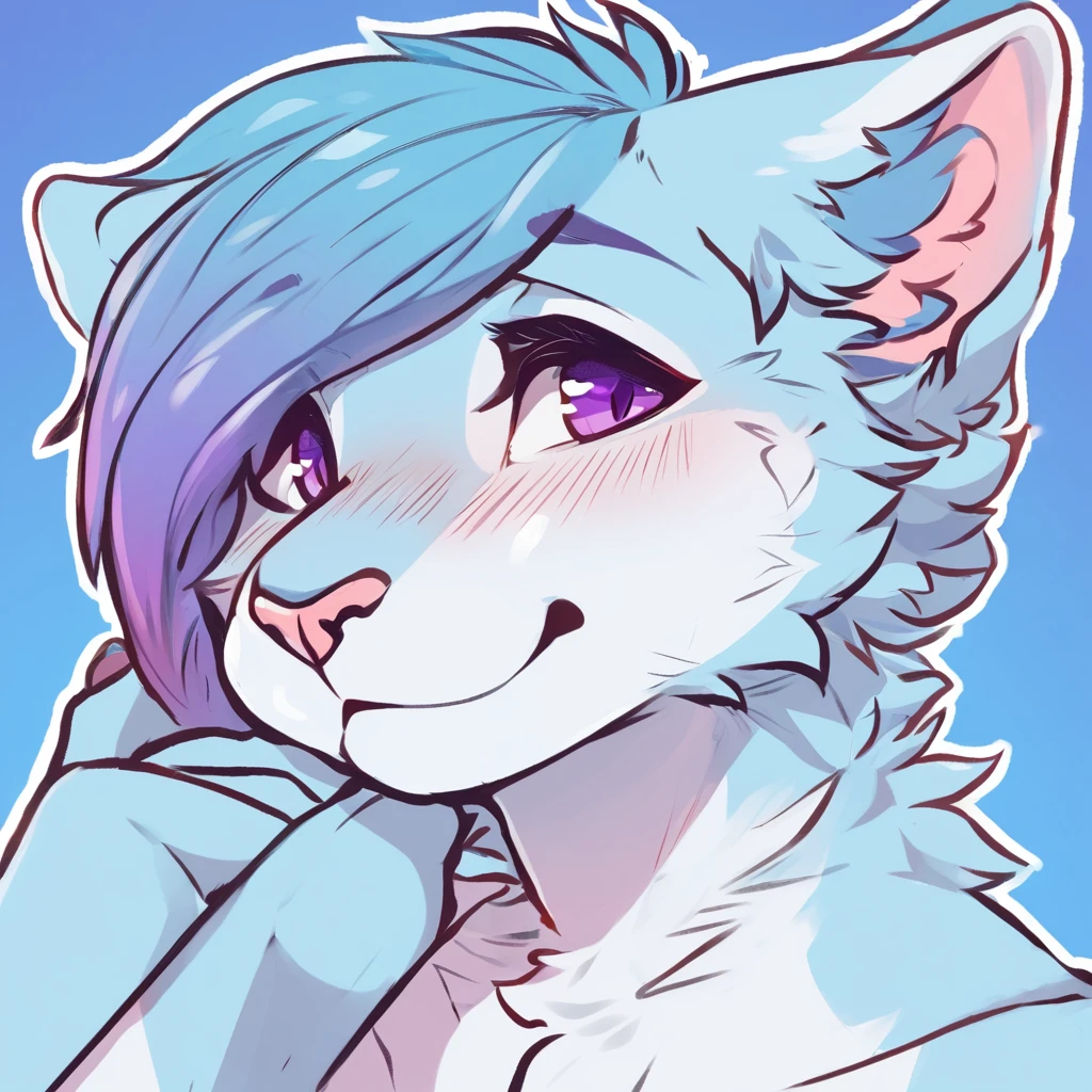 adult, feline, mammal, anthro, anthropomorphic, cat, striped, fur, striped_feline, fur, furred_anthro, femboy, male, light_blue_chest, cerulean_hair, fluffy, ears, azure_blue_ears, purple_eyes, cerulean_hair, expressive eyes, feline_ears, azure_blue_fur, light_blue_chest, shy, small_pupils, digital_art, high_resolution, high_res, hand-drawn, pencil_lines, head_visible, neck_visible, seductive_face, white_outline, detailed_line_work, profile_picture, head_visible, tail (with varying shades of blue
