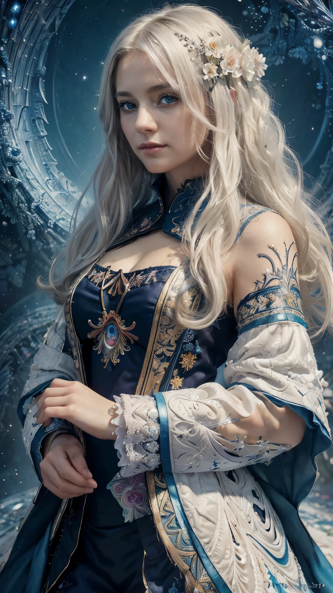 (masterpiece, top quality, best quality, official art, beautiful and aesthetic:1.2), (1girl), extreme detailed, (fractal art:1.3), colorful, highest detailed, wavy white hair, blue eyes