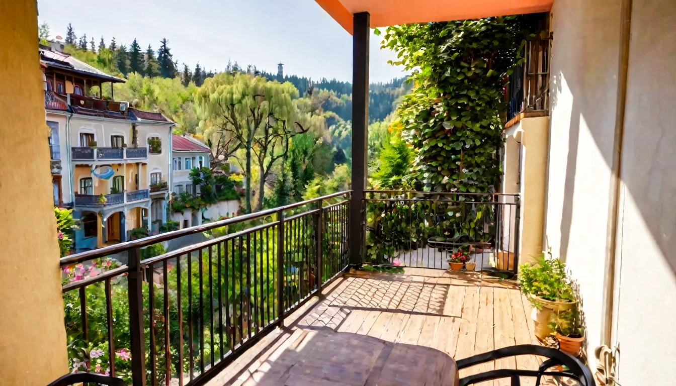 first person view, facing the house with balcony, cozy, daytime, no people in the place