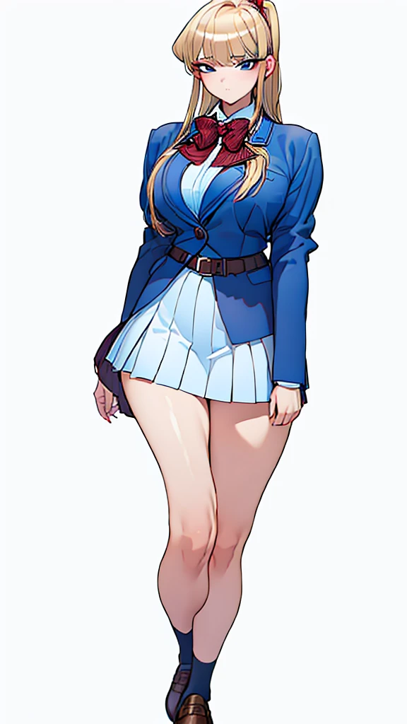 ((masterpiece)), (best quality:1.7), (detailed:1.4), (high res:1.4), 8k, (colorful:1.5), high resolution, sharped image, 4k, hd, (beautiful detailed background:1.2), (beautiful lighting:1.2), (highly detailed:1.2), perfect lighting, (8k wallpaper:1.2), (highly detailed:1.2), (extremely detailed CG:1.2), ((((only blonde very long hair ponytail with a red ribbon)))), (((large chest))), (((busty))), curvy figure, (((light blue eyes))), (school girl outfit), (black jacket and snug white sweater and short flowing black pleated skirt with belt and tight black stocking leggings), mature, older, human adult, short, full body