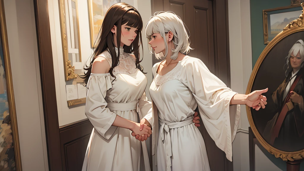 ((best quality)), ((work of art)), ((detailed)), man, white hair, casual clothes, shaking hands with a woman, brown hair with bangs, wearing a white dress with a neckline
