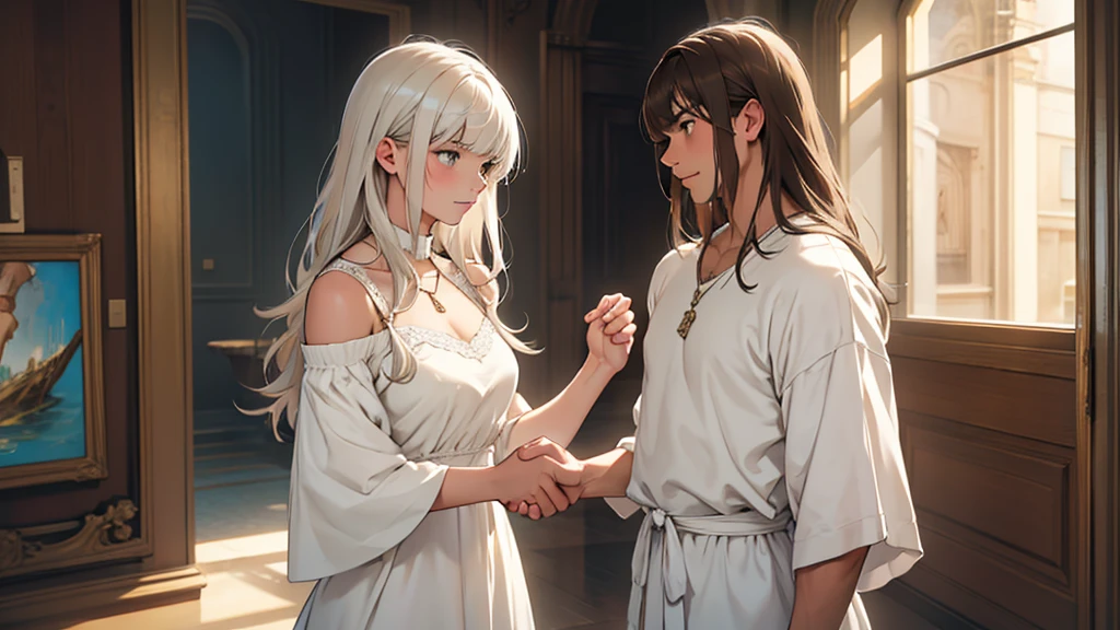 ((best quality)), ((work of art)), ((detailed)), man, white hair, casual clothes, shaking hands with a woman, brown hair with bangs, wearing a white dress with a neckline