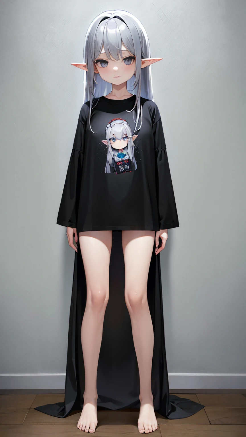 Elf Girl、8-year-old、Medium-long silver hair、Silver Eyes、Only a big black short-sleeved T-shirt、No bottoms worn、barefoot、Seductive expression、whole body、Standing posture