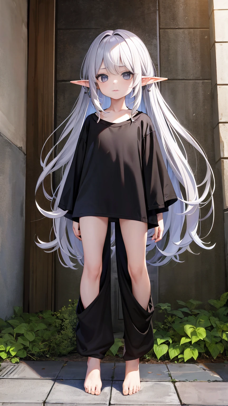 Elf Girl、8-year-old、Medium-long silver hair、Silver Eyes、Only a big black short-sleeved T-shirt、No bottoms worn、barefoot、Seductive expression、whole body、Standing posture
